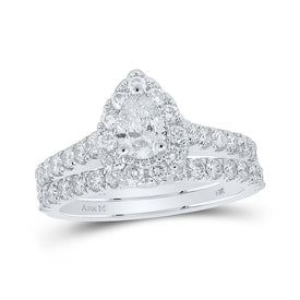 Radiant Love: 14kt White Gold Pear Diamond Halo Bridal Wedding Ring Band Set 1-3/4 Cttw - Top View