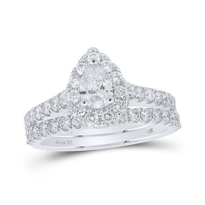 Wedding Collection | 14kt White Gold Pear Diamond Halo Bridal Wedding Ring Band Set 1-3/4 Cttw | Splendid Jewellery GND