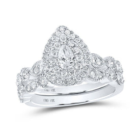 Dazzling Elegance: 14kt White Gold Pear Diamond Halo Bridal Wedding Ring Band Set 1 Cttw - Top View