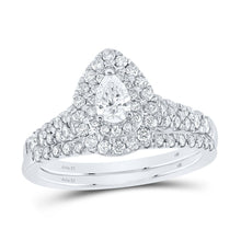 Load image into Gallery viewer, Enchanting 14kt White Gold Pear Diamond Halo Bridal Wedding Ring Band Set - Top View
