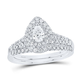 Enchanting 14kt White Gold Pear Diamond Halo Bridal Wedding Ring Band Set - Top View