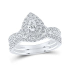 14kt White Gold Pear Diamond Halo Bridal Wedding Ring Set with Blue Sapphire Accent - Top View