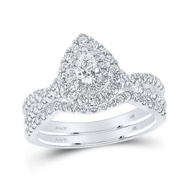 14kt White Gold Pear Diamond Halo Bridal Wedding Ring Set with Blue Sapphire Accent - Top View