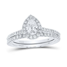 Load image into Gallery viewer, Pear Elegance: 14kt White Gold Diamond Halo Bridal Wedding Ring Band Set - Top View