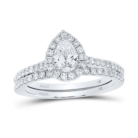 Pear Elegance: 14kt White Gold Diamond Halo Bridal Wedding Ring Band Set - Top View