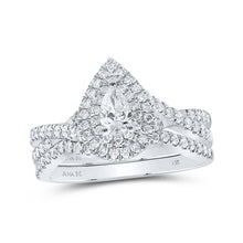 Load image into Gallery viewer, 14kt White Gold Pear Diamond Halo Bridal Wedding Ring Band Set - A Mesmerizing Love Story - Top View