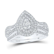 Load image into Gallery viewer, 14kt White Gold Pear Diamond Halo Bridal Wedding Ring Band Set - The Mesmerizing Elegance - Top View