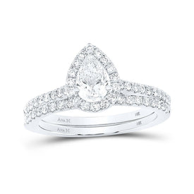 14kt White Gold Pear Diamond Halo Bridal Wedding Ring Band Set - Eternal Elegance - Top View