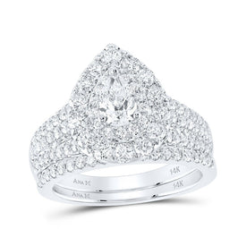 14kt White Gold Pear Diamond Halo Bridal Wedding Ring Band Set - Eternal Elegance - Top View