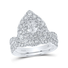 Ethereal Elegance: 14kt White Gold Pear Diamond Halo Bridal Wedding Ring Band Set 2 Cttw - Top View