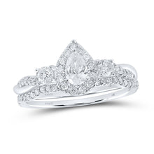 Load image into Gallery viewer, Captivating Elegance: 14kt White Gold Pear Diamond Halo Bridal Wedding Ring Band Set - Top View