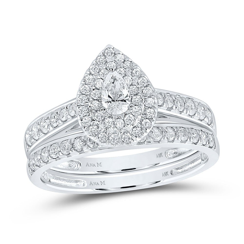 Wedding Collection | 14kt White Gold Pear Diamond Halo Bridal Wedding Ring Band Set 3/4 Cttw | Splendid Jewellery GND