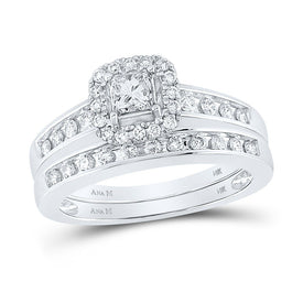 14kt White Gold Princess Diamond Forever Love Bridal Wedding Ring Band Set - Top View