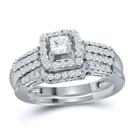 14kt White Gold Princess Diamond Wedding Ring Band Set - A Captivating Celebration of Love and Elegance - Top View