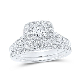 Enchanting Princess Diamond Halo Wedding Ring Band Set in 14kt White Gold - Top View