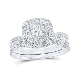 Eternal Love 14kt White Gold Princess Diamond Halo Bridal Wedding Ring Band Set - Top View