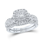 The Majestic Brilliance 14kt White Gold Princess Diamond Halo Bridal Wedding Ring Band Set - Top View