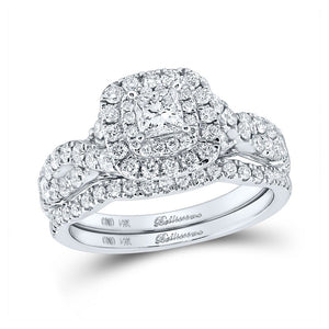 Wedding Collection | 14kt White Gold Princess Diamond Halo Bridal Wedding Ring Band Set 1-1/4 Cttw | Splendid Jewellery GND