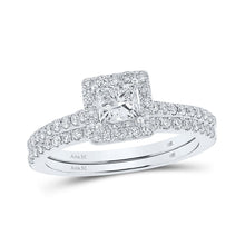 Load image into Gallery viewer, 14kt White Gold Princess Diamond Halo Bridal Wedding Ring Band Set - Enchanting Elegance - Top View