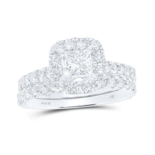 Load image into Gallery viewer, The Majestic Brilliance 14kt White Gold Princess Diamond Halo Bridal Wedding Ring Band Set - Top View