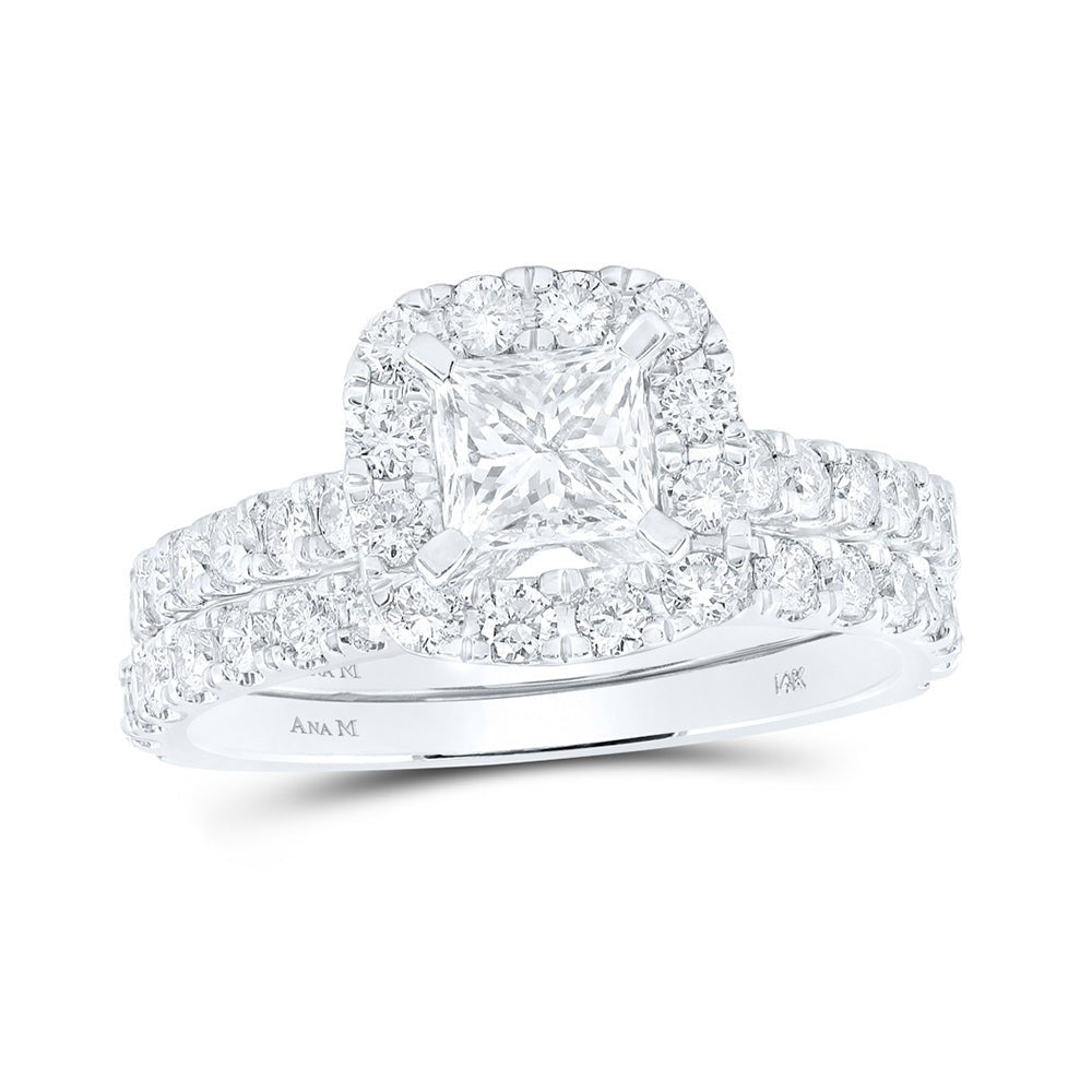 Wedding Collection | 14kt White Gold Princess Diamond Halo Bridal Wedding Ring Band Set 1-7/8 Cttw | Splendid Jewellery GND