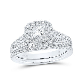 Enchanting Brilliance: 14kt White Gold Princess Diamond Halo Bridal Wedding Ring Band Set - Top View