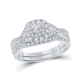 Captivating Love's Embrace 14kt White Gold Princess Diamond Halo Bridal Wedding Ring Band Set - Top View