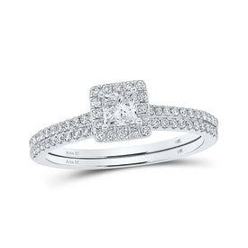 Captivating Brilliance: 14kt White Gold Princess Diamond Halo Bridal Wedding Ring Band Set 5/8 Cttw - Top View