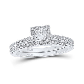 14kt White Gold Princess Diamond Halo Bridal Wedding Ring Band Set 7/8 Cttw - Top View