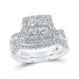 Princess Elegance 14kt White Gold Diamond Square Bridal Wedding Ring Band Set - Top View