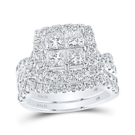 Timeless Brilliance: 14kt White Gold Princess Diamond Square Bridal Wedding Ring Band Set 3 Cttw - Top View