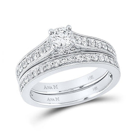 Eternal Brilliance: 14kt White Gold Round Diamond Bridal Wedding Ring Band Set - Top View
