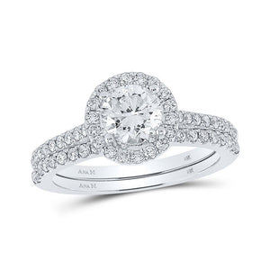 Wedding Collection | 14kt White Gold Round Diamond Halo Bridal Wedding Ring Band Set 1-1/2 Cttw | Splendid Jewellery GND