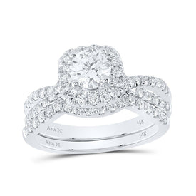 Timeless Brilliance: 14kt White Gold Diamond Halo Wedding Ring Band Set - Top View