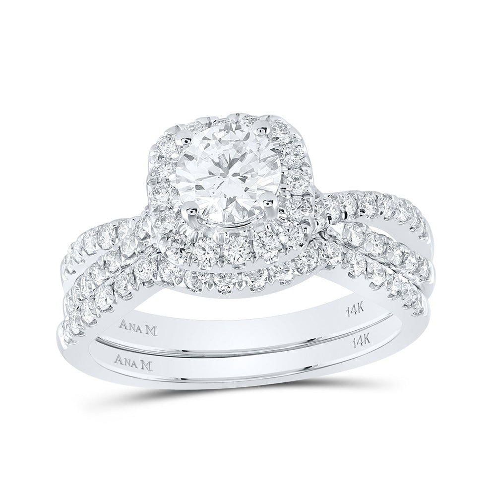 Wedding Collection | 14kt White Gold Round Diamond Halo Bridal Wedding Ring Band Set 1-1/2 Cttw | Splendid Jewellery GND