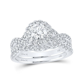 14kt White Gold Radiant Love Diamond Halo Bridal Wedding Ring Band Set - Top View