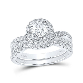 Sparkling Splendor: 14kt White Gold Diamond Halo Bridal Wedding Ring Band Set - Top View