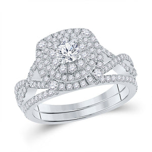 Wedding Collection | 14kt White Gold Round Diamond Halo Bridal Wedding Ring Band Set 1-1/3 Cttw | Splendid Jewellery GND