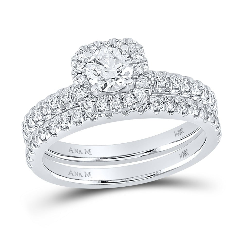 Wedding Collection | 14kt White Gold Round Diamond Halo Bridal Wedding Ring Band Set 1-1/5 Cttw | Splendid Jewellery GND