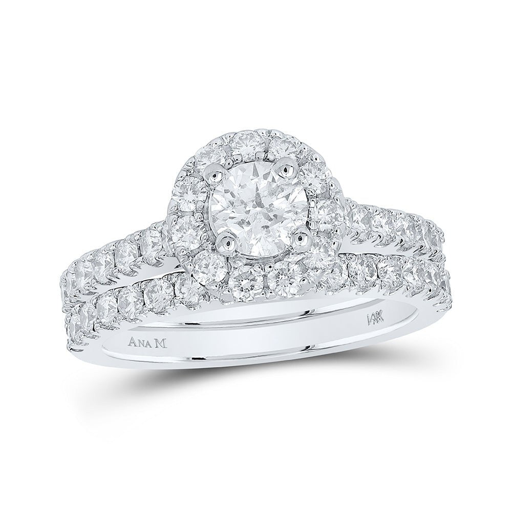 Wedding Collection | 14kt White Gold Round Diamond Halo Bridal Wedding Ring Band Set 1-3/4 Cttw | Splendid Jewellery GND