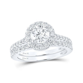 Radiant Love: 14kt White Gold Diamond Halo Bridal Wedding Ring Band Set - Top View