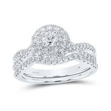 Load image into Gallery viewer, 14kt White Gold Diamond Halo Sapphire Bridal Wedding Ring Set - Top View