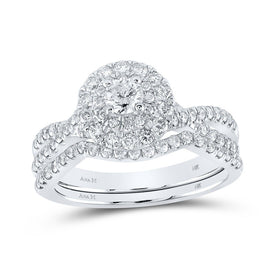14kt White Gold Diamond Halo Sapphire Bridal Wedding Ring Set - Top View