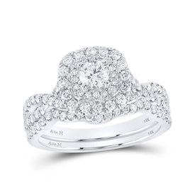 Captivating Elegance: 14kt White Gold Round Diamond Halo Bridal Wedding Ring Band Set with Blue Sapphire - Top View