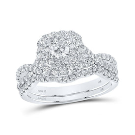 Radiant Love: 14kt White Gold Diamond Halo Bridal Wedding Ring Band Set - Top View