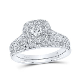 Radiant Love: 14kt White Gold Diamond Halo Bridal Wedding Ring Band Set with Blue Sapphire - Top View