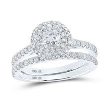 Load image into Gallery viewer, Dazzling Brilliance: 14kt White Gold Diamond Halo Bridal Wedding Ring Band Set - Top View
