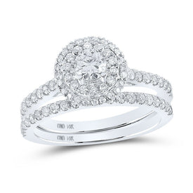 Dazzling Brilliance: 14kt White Gold Diamond Halo Bridal Wedding Ring Band Set - Top View