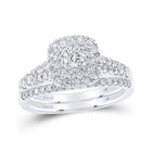 14kt White Gold Diamond Halo Bridal Wedding Ring Band Set - Top View
