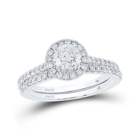 Eternal Brilliance: 14kt White Gold Round Diamond Halo Bridal Wedding Ring Band Set 1 Cttw - Top View